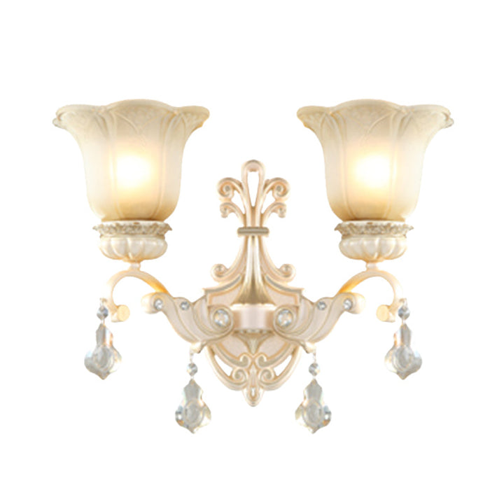Skørter | Flowers White Glass Wall Mounted Light Traditional 1/2 Lights Hall Wall Lamp with Crystal Drops