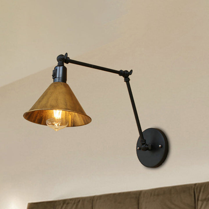 Lisslune | Swing Arm Bedroom Wall Light Vintage Style Metallic 1 Head Antique Brass Wall Lamp with Cone Shade