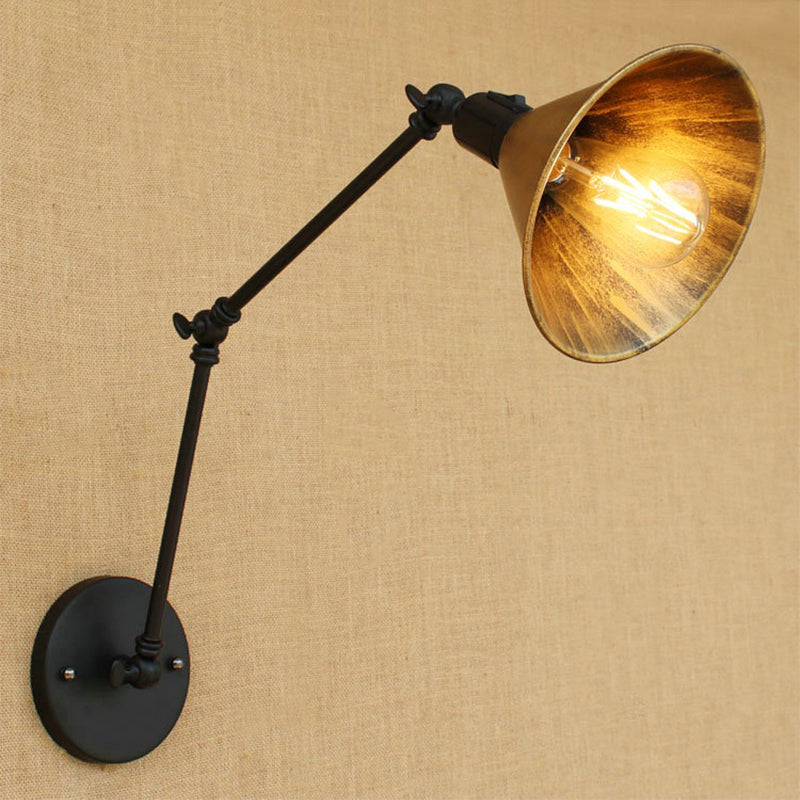 Lisslune | Swing Arm Bedroom Wall Light Vintage Style Metallic 1 Head Antique Brass Wall Lamp with Cone Shade