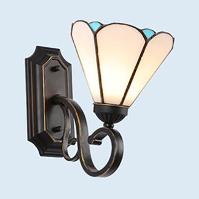 Lisslune | Tiffany Style Mission Wall Mount Fixture Engraved Glass 1 Light Wall Sconces in Blue-White/Blue/Beige/White for Stair