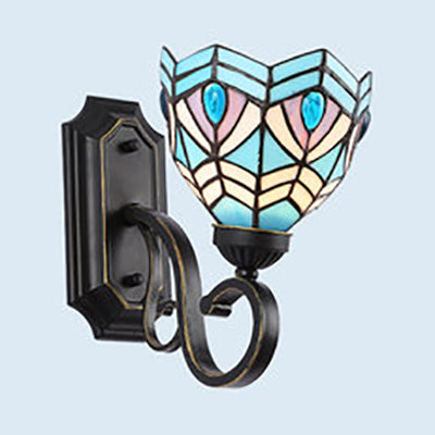 Lisslune | Tiffany Style Mission Wall Mount Fixture Engraved Glass 1 Light Wall Sconces in Blue-White/Blue/Beige/White for Stair