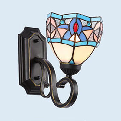 Lisslune | Tiffany Style Mission Wall Mount Fixture Engraved Glass 1 Light Wall Sconces in Blue-White/Blue/Beige/White for Stair