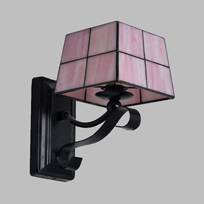 Lisslune | Pink/Blue/Beige Square Wall Lamp Tiffany Style Colored Glass 1 Light Wall Mount Fixture for Bedroom