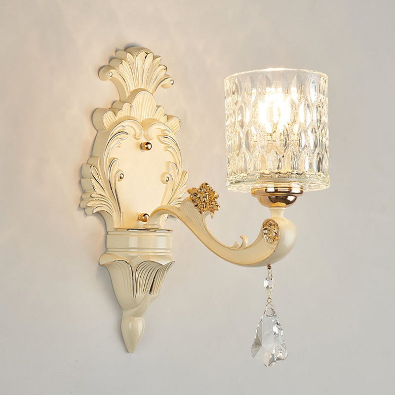 Lisslune | Cylinder Wall Light Modern Clear Dimpled Glass 1/2 Heads Gold Wall Mounted Light with Crystal Drops