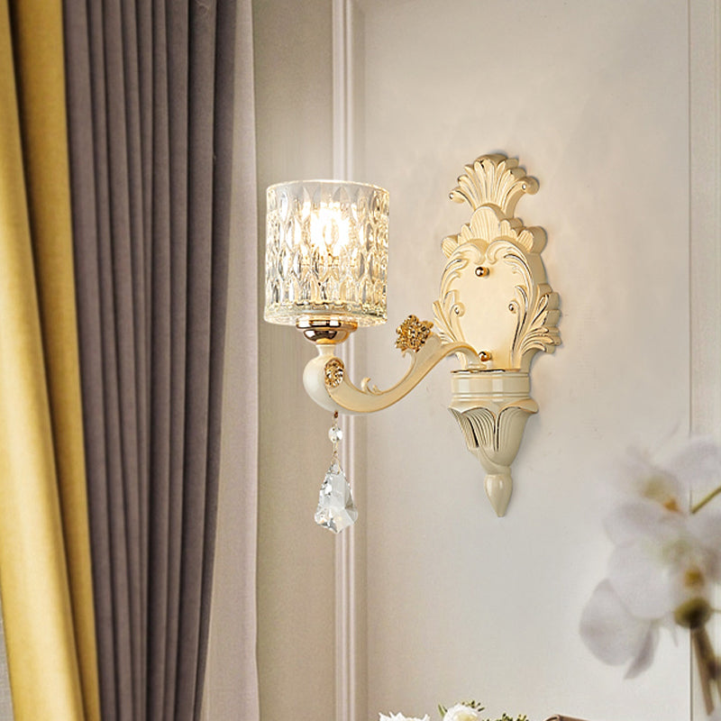 Lisslune | Cylinder Wall Light Modern Clear Dimpled Glass 1/2 Heads Gold Wall Mounted Light with Crystal Drops