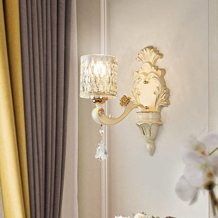 Lisslune | Cylinder Wall Light Modern Clear Dimpled Glass 1/2 Heads Gold Wall Mounted Light with Crystal Drops