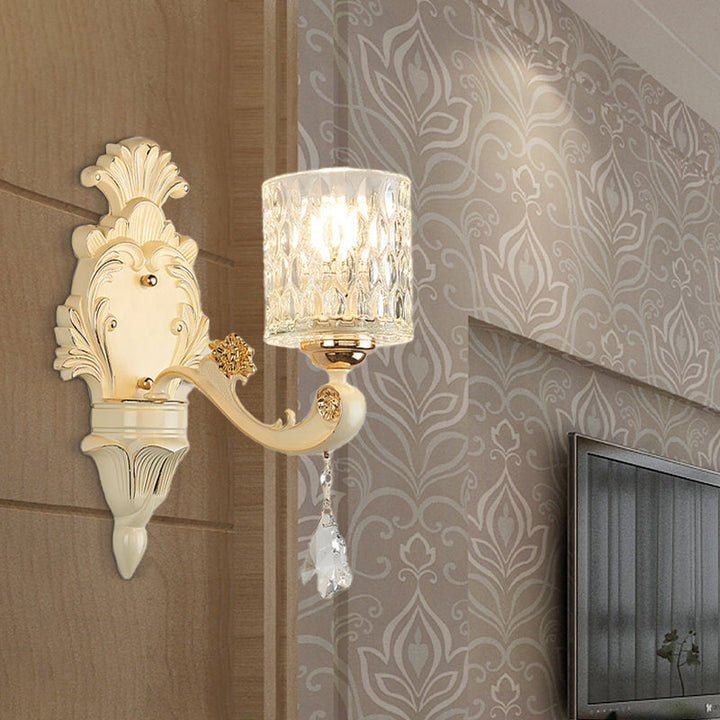 Lisslune | Cylinder Wall Light Modern Clear Dimpled Glass 1/2 Heads Gold Wall Mounted Light with Crystal Drops