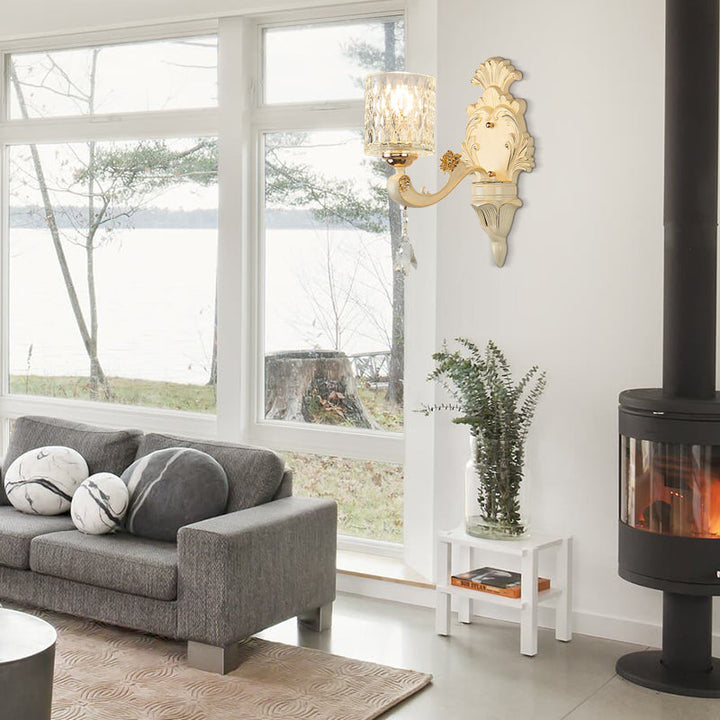 Lisslune | Cylinder Wall Light Modern Clear Dimpled Glass 1/2 Heads Gold Wall Mounted Light with Crystal Drops