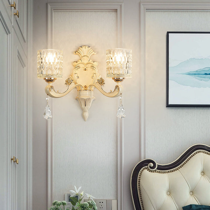 Lisslune | Cylinder Wall Light Modern Clear Dimpled Glass 1/2 Heads Gold Wall Mounted Light with Crystal Drops
