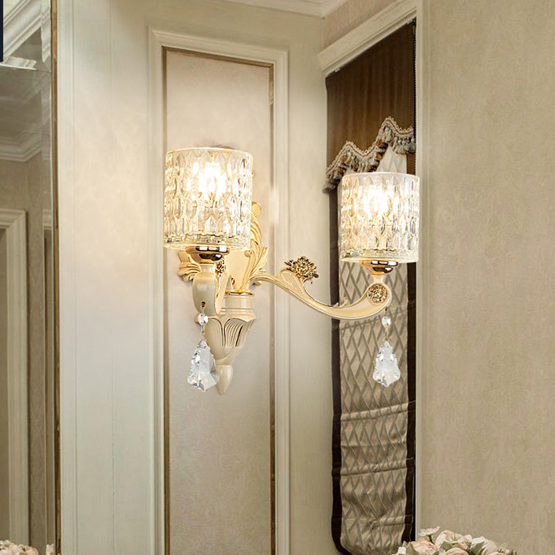 Lisslune | Cylinder Wall Light Modern Clear Dimpled Glass 1/2 Heads Gold Wall Mounted Light with Crystal Drops