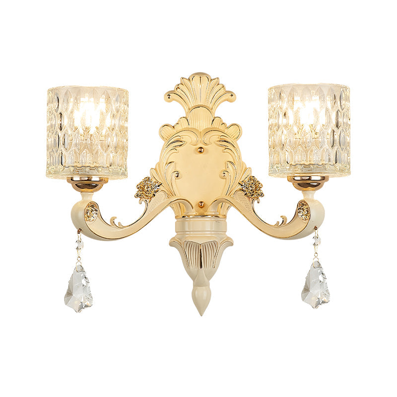 Lisslune | Cylinder Wall Light Modern Clear Dimpled Glass 1/2 Heads Gold Wall Mounted Light with Crystal Drops