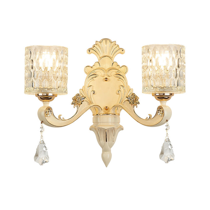 Lisslune | Cylinder Wall Light Modern Clear Dimpled Glass 1/2 Heads Gold Wall Mounted Light with Crystal Drops