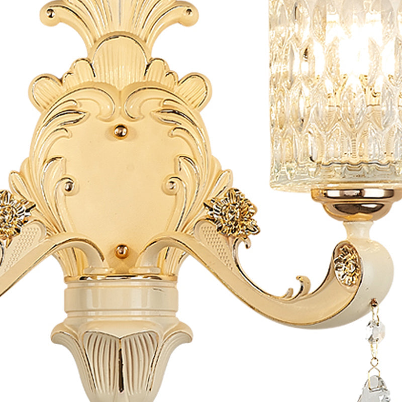 Lisslune | Cylinder Wall Light Modern Clear Dimpled Glass 1/2 Heads Gold Wall Mounted Light with Crystal Drops