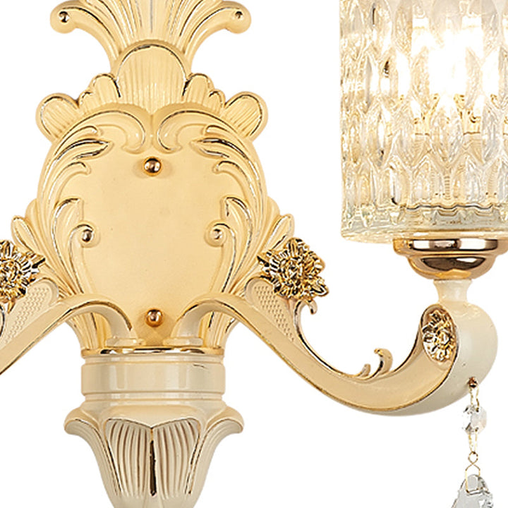 Lisslune | Cylinder Wall Light Modern Clear Dimpled Glass 1/2 Heads Gold Wall Mounted Light with Crystal Drops