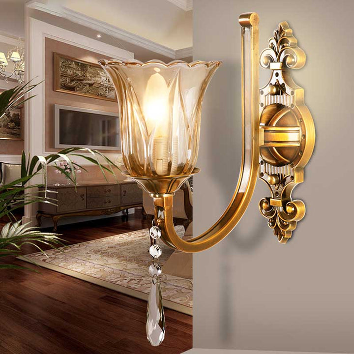 Lisslune | Cognac Glass Flower Wall Mounted Light Vintage 1/2 Heads Brass Wall Light with Crystal Drops