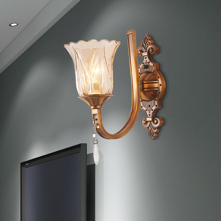 Lisslune | Cognac Glass Flower Wall Mounted Light Vintage 1/2 Heads Brass Wall Light with Crystal Drops