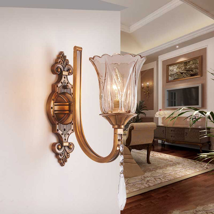 Lisslune | Cognac Glass Flower Wall Mounted Light Vintage 1/2 Heads Brass Wall Light with Crystal Drops