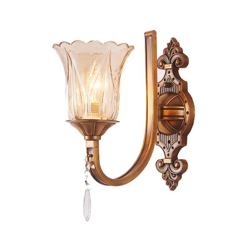 Lisslune | Cognac Glass Flower Wall Mounted Light Vintage 1/2 Heads Brass Wall Light with Crystal Drops