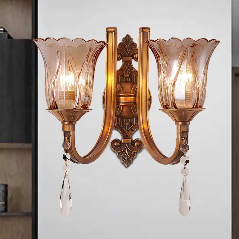 Lisslune | Cognac Glass Flower Wall Mounted Light Vintage 1/2 Heads Brass Wall Light with Crystal Drops