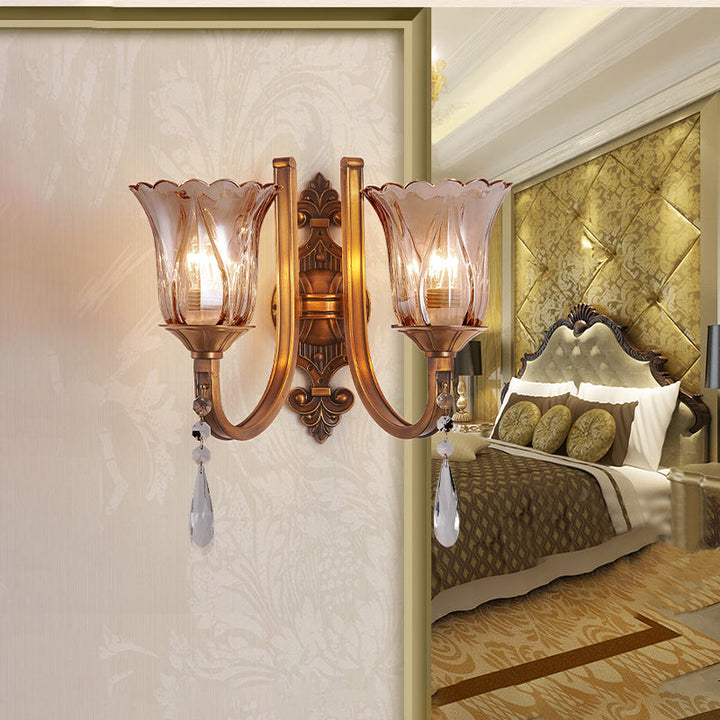 Lisslune | Cognac Glass Flower Wall Mounted Light Vintage 1/2 Heads Brass Wall Light with Crystal Drops