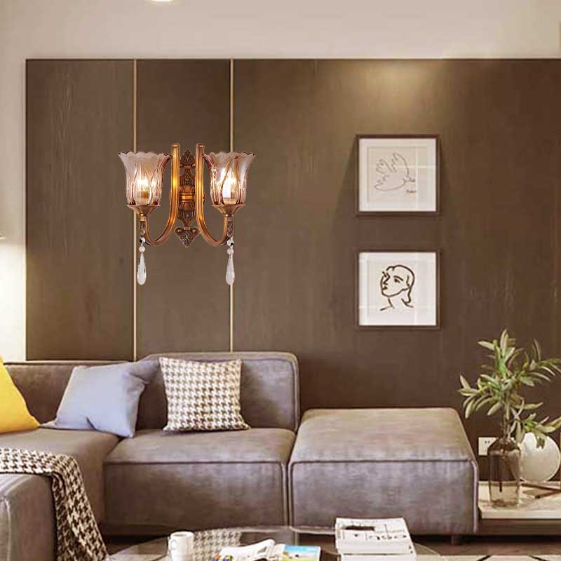 Lisslune | Cognac Glass Flower Wall Mounted Light Vintage 1/2 Heads Brass Wall Light with Crystal Drops