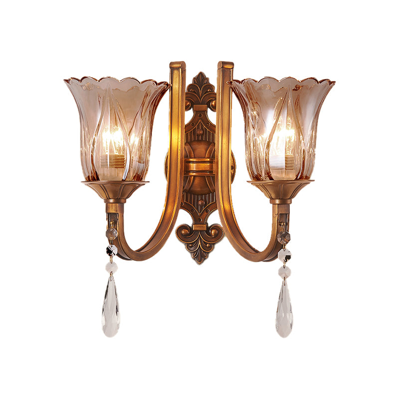 Lisslune | Cognac Glass Flower Wall Mounted Light Vintage 1/2 Heads Brass Wall Light with Crystal Drops