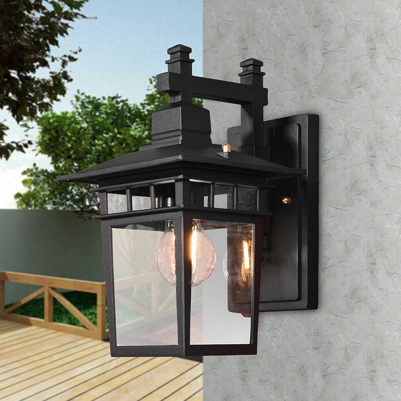 Lisslune | Lantern Clear Glass Wall Hanging Lamp Industrial Single Bulb Veranda Wall Light in Black