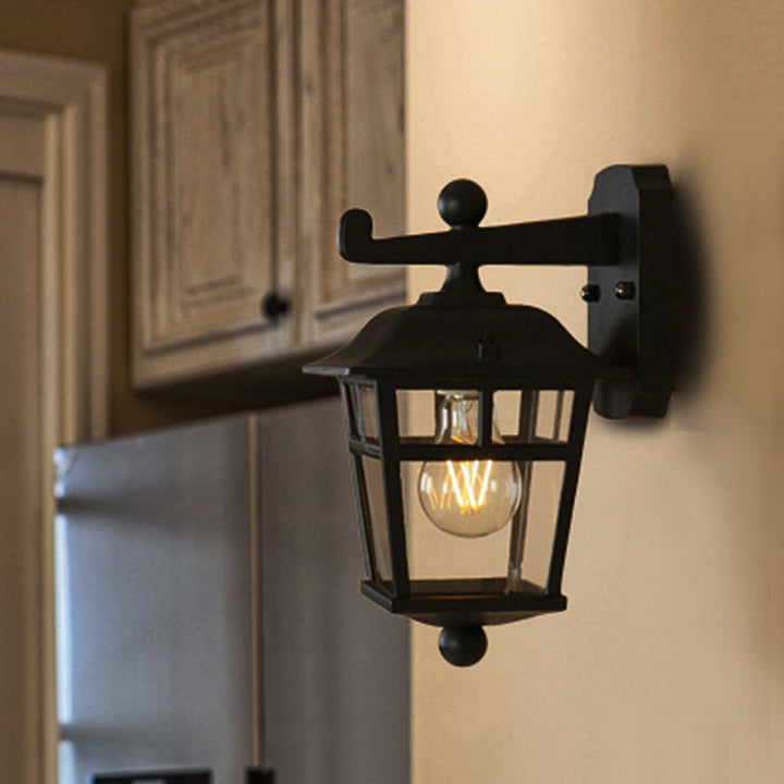 Lisslune | Lantern Clear Glass Wall Hanging Lamp Industrial Single Bulb Veranda Wall Light in Black