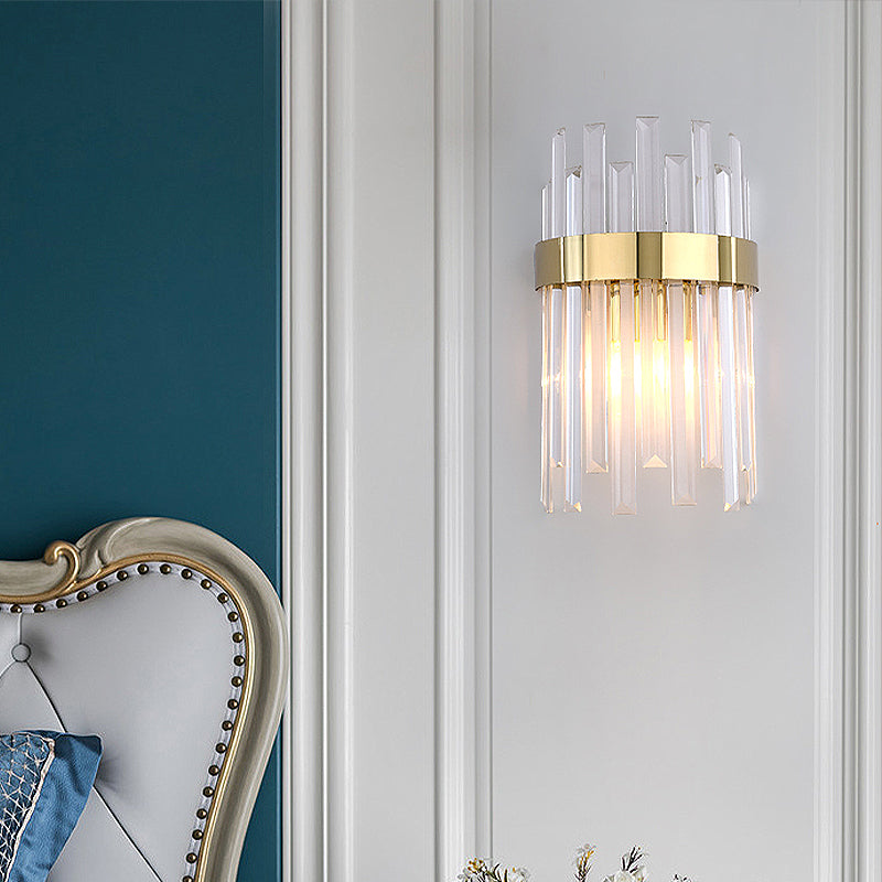 Lisslune | 2 Heads Bedroom Wall Light Postmodern Black/Gold Wall Lamp with Half Cylinder Three Sides Crystal Rod Shade