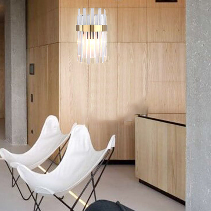 Lisslune | 2 Heads Bedroom Wall Light Postmodern Black/Gold Wall Lamp with Half Cylinder Three Sides Crystal Rod Shade