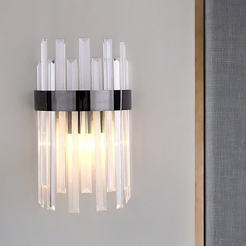 Lisslune | 2 Heads Bedroom Wall Light Postmodern Black/Gold Wall Lamp with Half Cylinder Three Sides Crystal Rod Shade