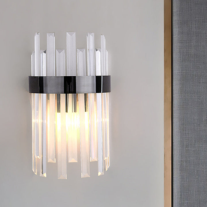 Lisslune | 2 Heads Bedroom Wall Light Postmodern Black/Gold Wall Lamp with Half Cylinder Three Sides Crystal Rod Shade