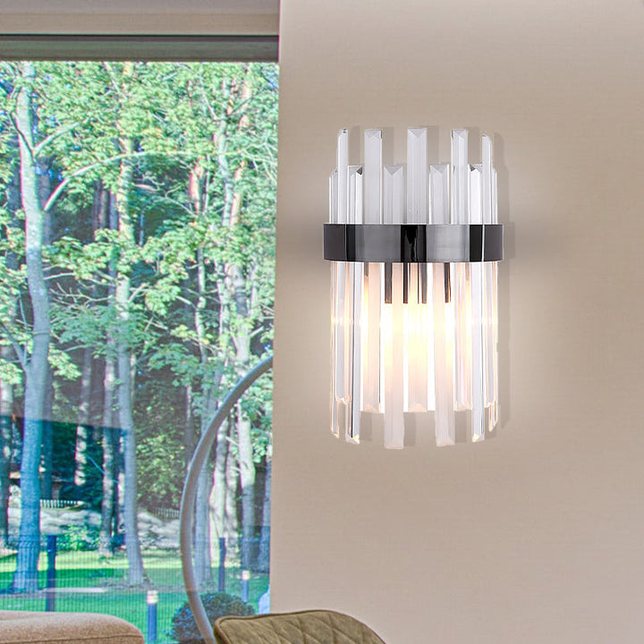 Lisslune | 2 Heads Bedroom Wall Light Postmodern Black/Gold Wall Lamp with Half Cylinder Three Sides Crystal Rod Shade