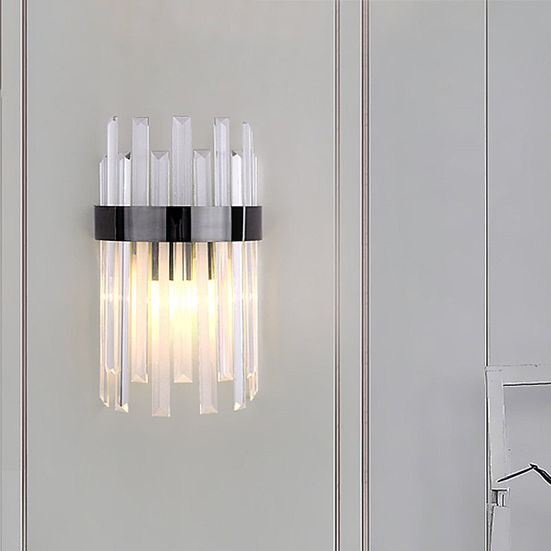 Lisslune | 2 Heads Bedroom Wall Light Postmodern Black/Gold Wall Lamp with Half Cylinder Three Sides Crystal Rod Shade