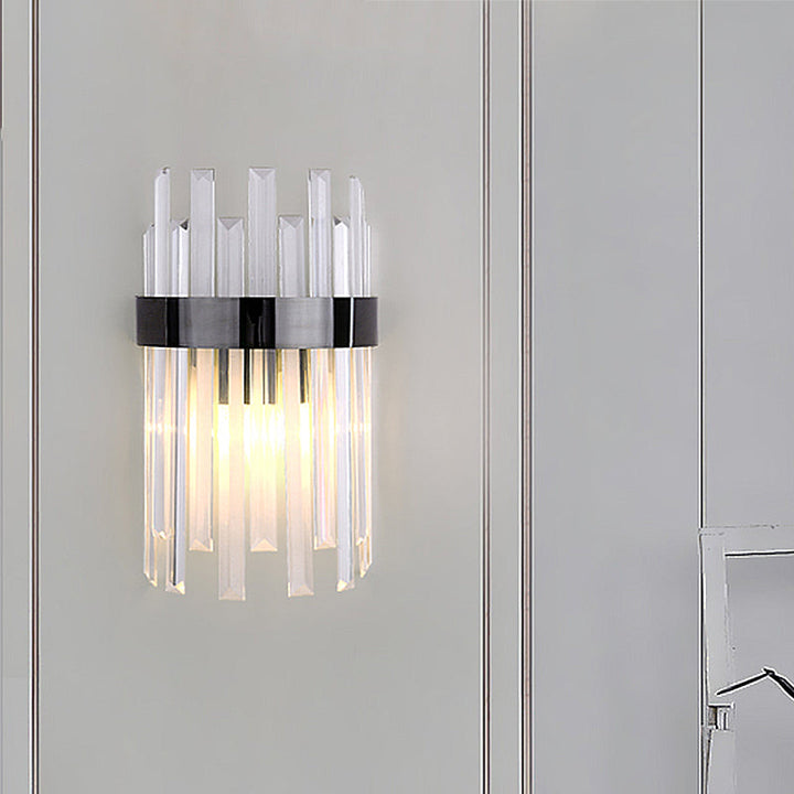Lisslune | 2 Heads Bedroom Wall Light Postmodern Black/Gold Wall Lamp with Half Cylinder Three Sides Crystal Rod Shade