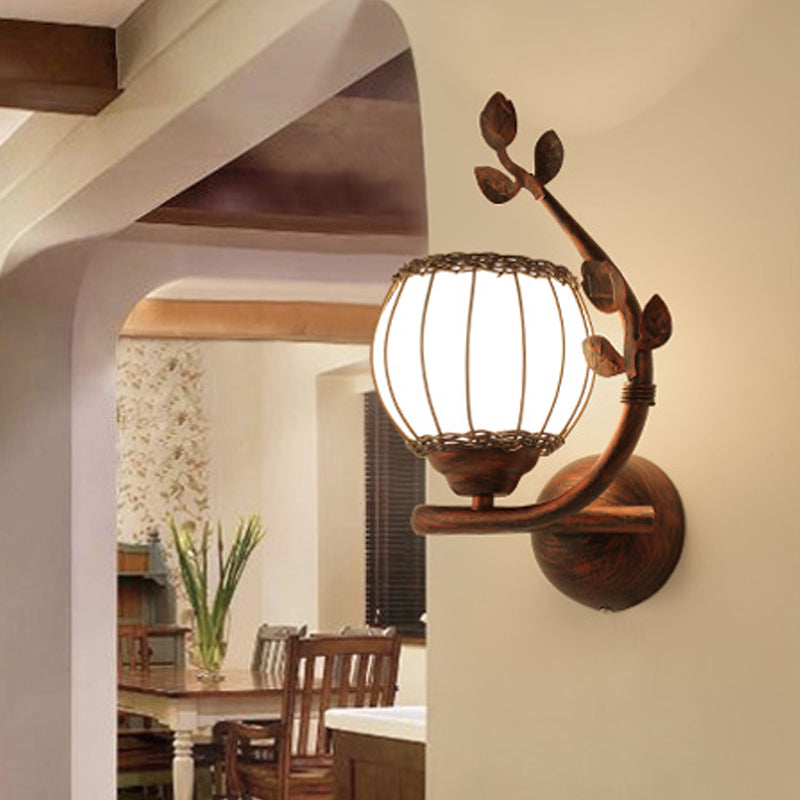 Skørter | 1 Light Bedroom Wall Mounted Lamp Rustic Dark Wood Wall Lamp with Globe Milk Glass Shade, Right/Left
