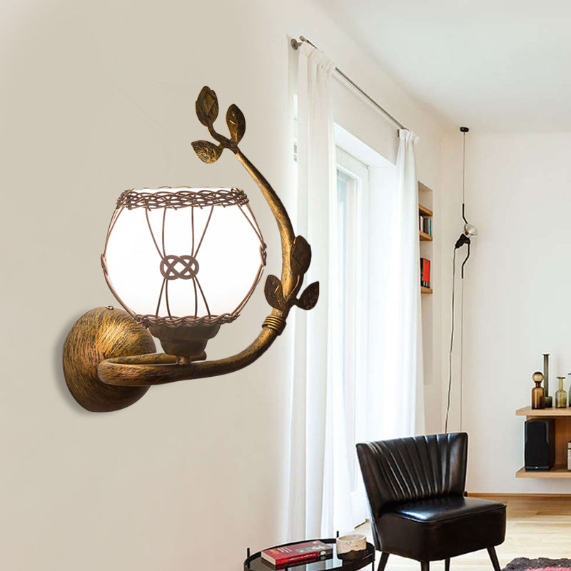 Skørter | Opal Glass Rust Wall Lamp Bubble Shade 1-Light Vintage Wall Mount Lighting for Dining Room with Iron Leaves Deco