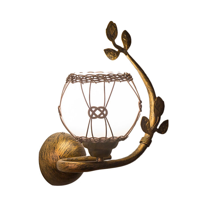 Skørter | Opal Glass Rust Wall Lamp Bubble Shade 1-Light Vintage Wall Mount Lighting for Dining Room with Iron Leaves Deco