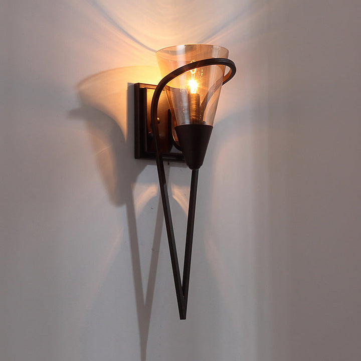 Skørter | Funnel Amber Glass Wall Lamp Farmhouse 1 Light Living Room Wall Mounted Lamp in Black