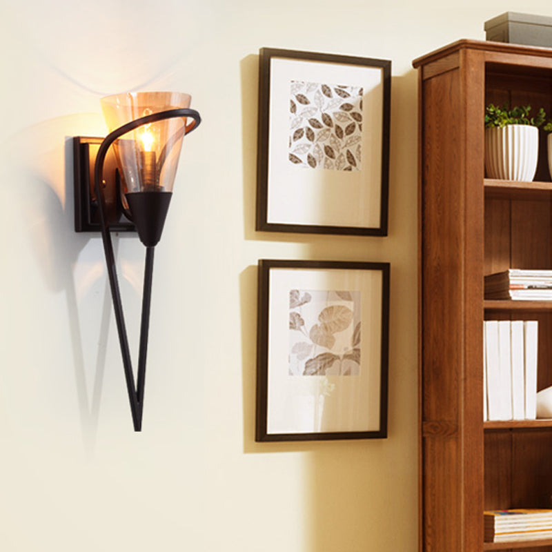 Skørter | Funnel Amber Glass Wall Lamp Farmhouse 1 Light Living Room Wall Mounted Lamp in Black