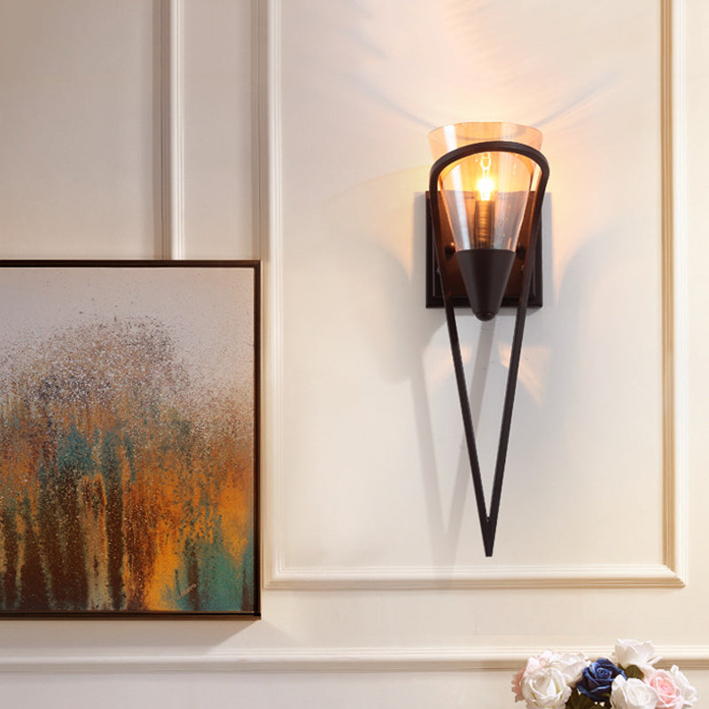 Skørter | Funnel Amber Glass Wall Lamp Farmhouse 1 Light Living Room Wall Mounted Lamp in Black