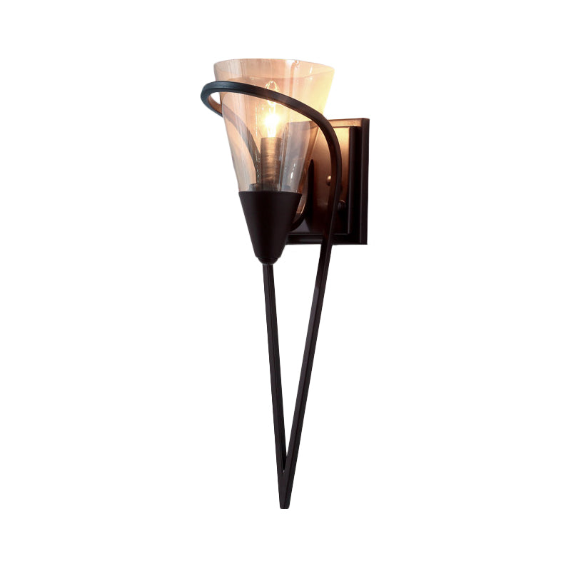 Skørter | Funnel Amber Glass Wall Lamp Farmhouse 1 Light Living Room Wall Mounted Lamp in Black