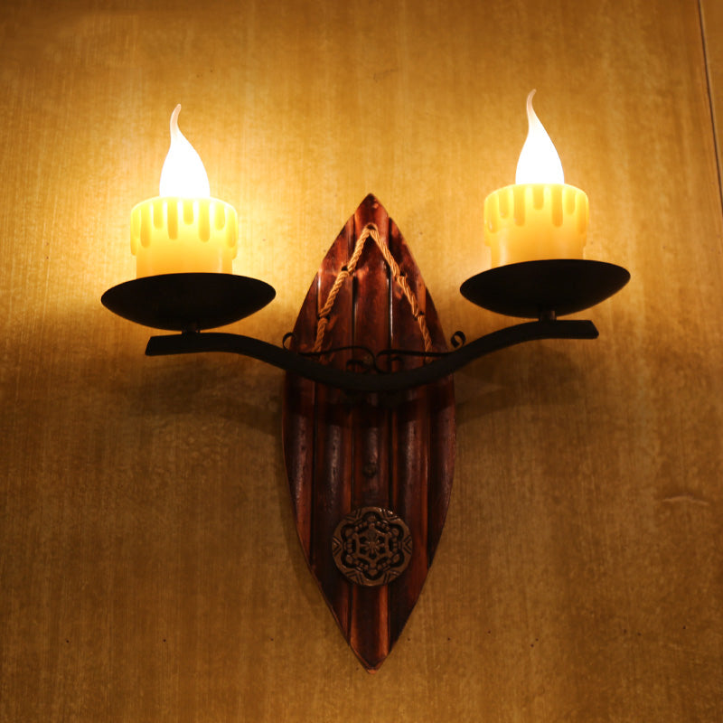 Skørter | 2 Lights Candle Wall Lamp Vintage Yellow Resin Sconces Light Fixture with Wooden Back Plate