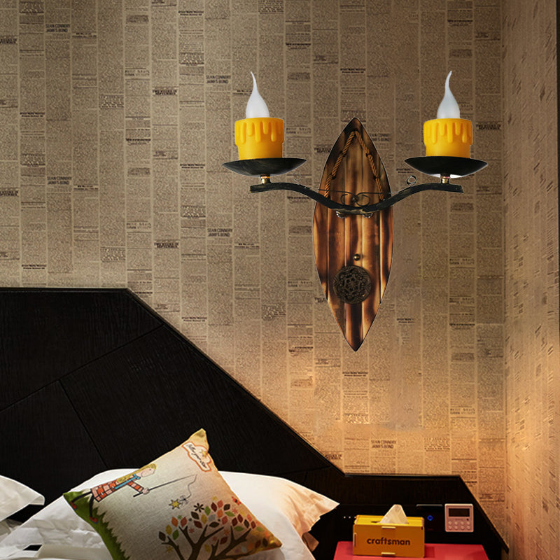 Skørter | 2 Lights Candle Wall Lamp Vintage Yellow Resin Sconces Light Fixture with Wooden Back Plate