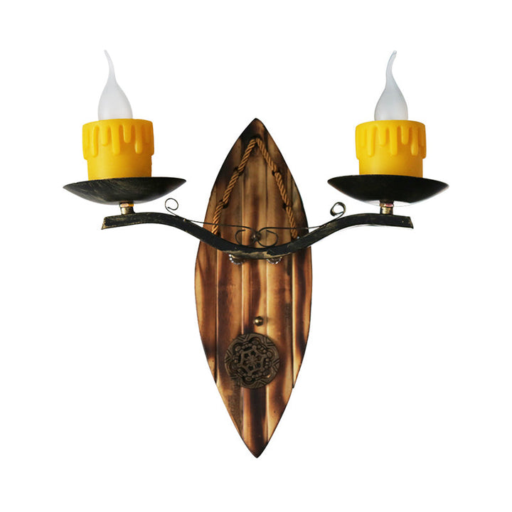 Skørter | 2 Lights Candle Wall Lamp Vintage Yellow Resin Sconces Light Fixture with Wooden Back Plate