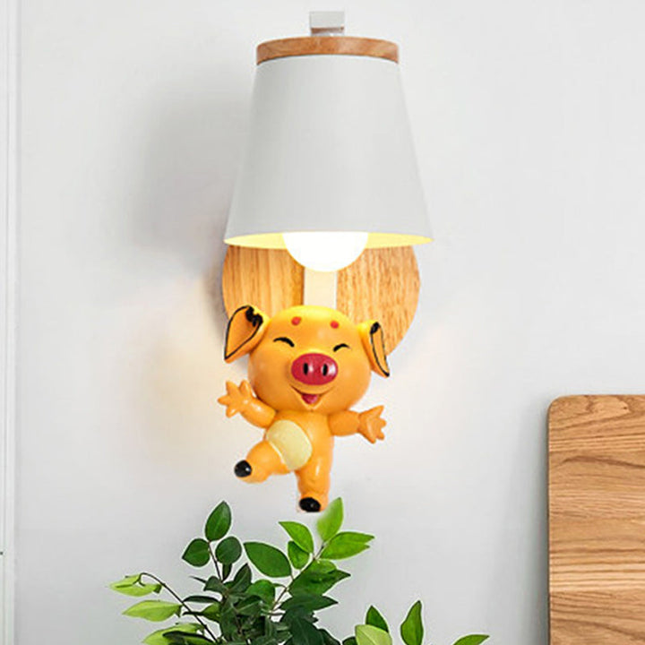 Skørter | 1 Light Bucket Wall Lamp with Dancing Piggy Modern Cute Metal Wall Lamp in White for Preschool