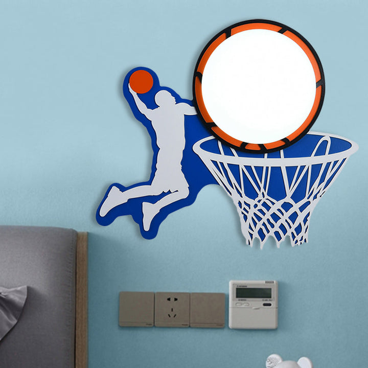 Skørter | Wooden Basketball Ring Wall Lamp Sports Theme Sconce Lamp in Blue for Boys Bedroom Stair