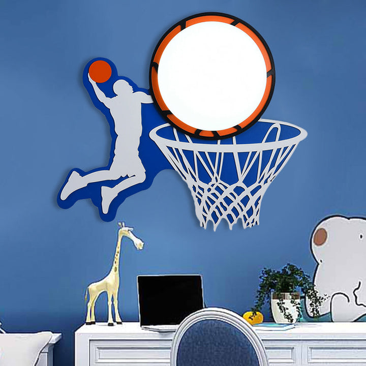 Skørter | Wooden Basketball Ring Wall Lamp Sports Theme Sconce Lamp in Blue for Boys Bedroom Stair