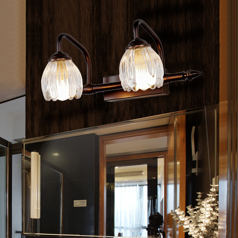 Skørter | Floral Bathroom Wall Light Vintage Clear Textured Glass 2/3/4 Lights Copper Make-Up Lighting