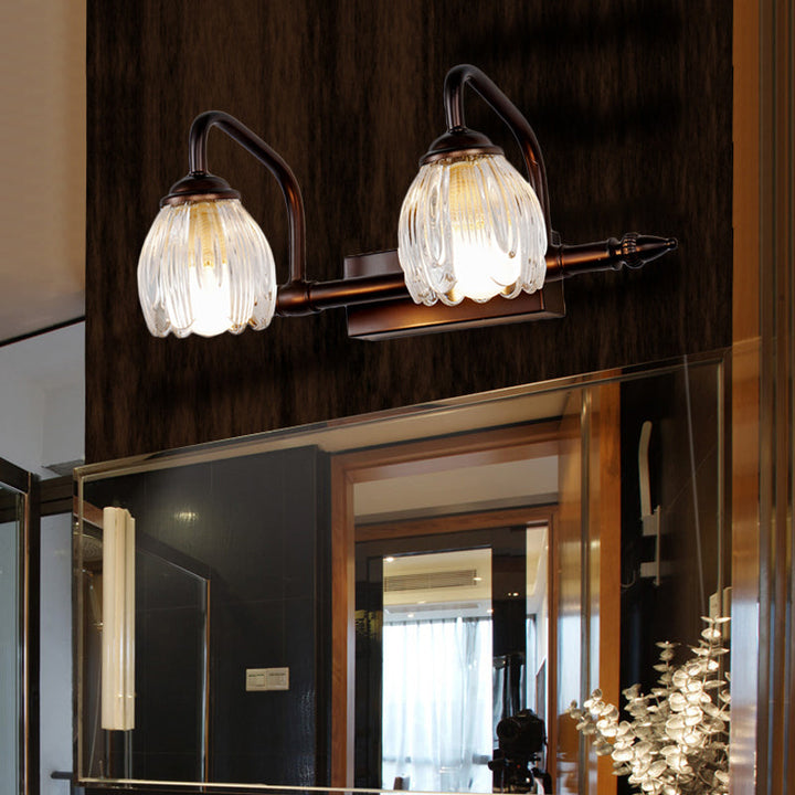 Skørter | Floral Bathroom Wall Light Vintage Clear Textured Glass 2/3/4 Lights Copper Make-Up Lighting